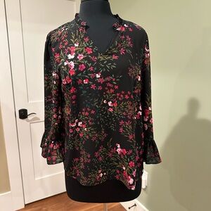 CeCe Pink and Red Graphic Blouse with Bell Sleeves